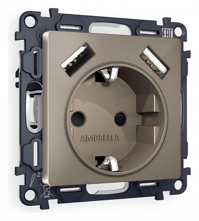 Розетка с заземлением и со шторкой и 2хUSB type A, без рамки Ambrella Volt ALFA MA639010