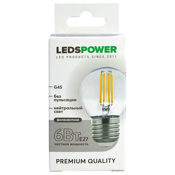 Лампа светодиодная LEDS POWER G45 E27 6Вт 4000K 007120
