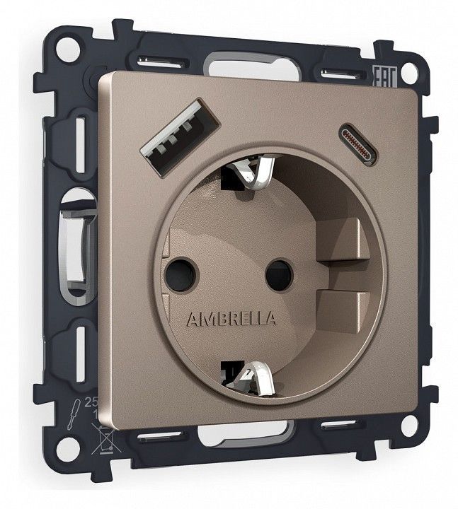 Розетка с заземлением и 2хUSB type A и C, без рамки Ambrella Volt ALFA MA640010