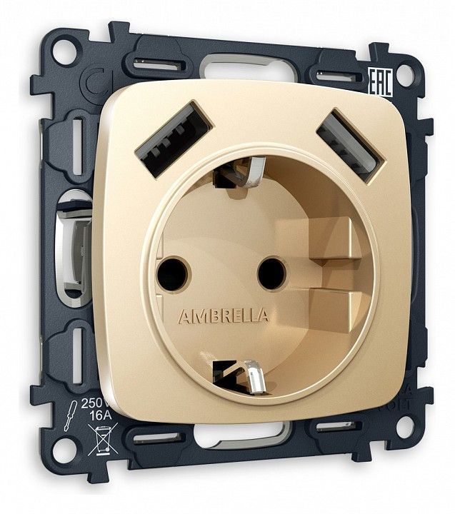 Розетка с заземлением и 2хUSB type A, без рамки Ambrella Volt OMEGA MO609010