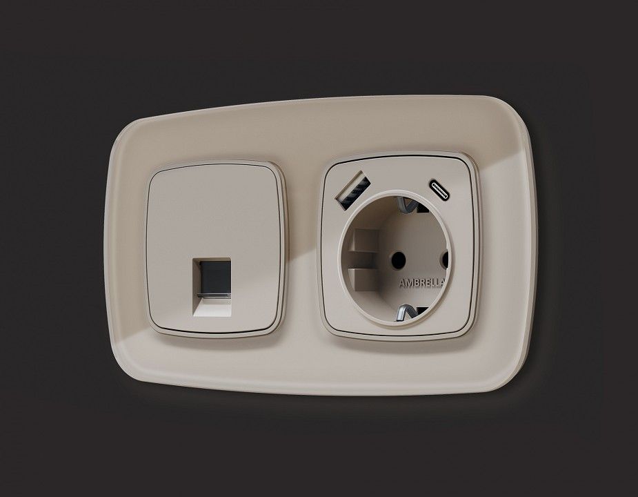 Накладка для розетки с заземлением и со шторками и 2хUSB type A и C Ambrella Volt OMEGA OP3700