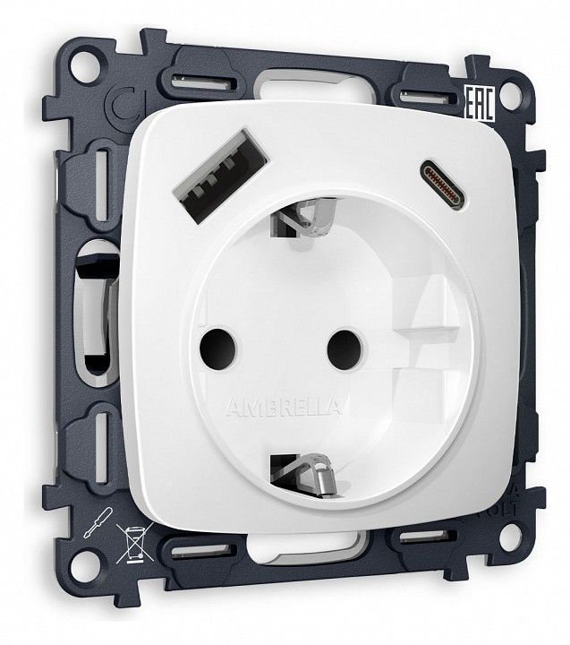Розетка с заземлением и 2хUSB type A и C, без рамки Ambrella Volt OMEGA MO130010