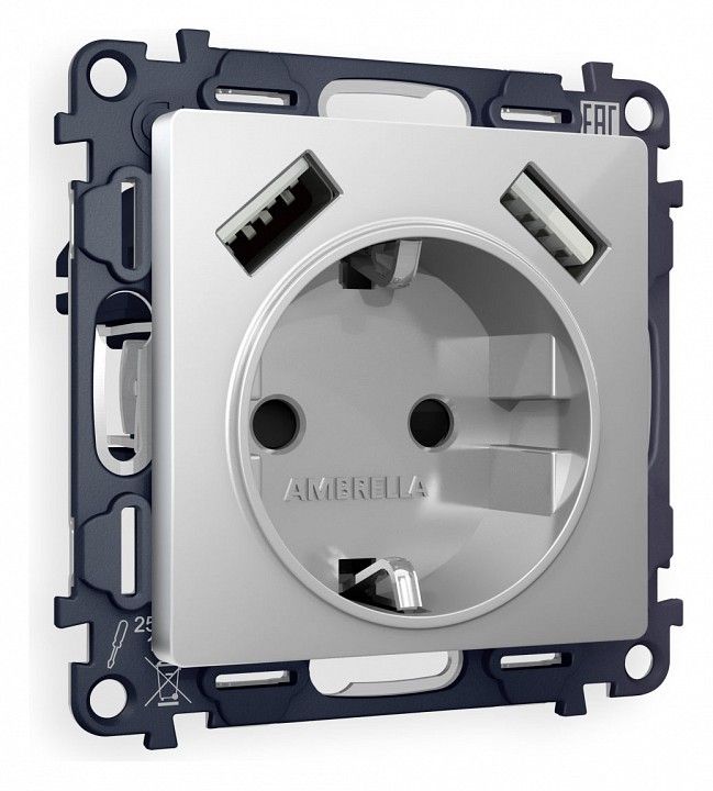 Розетка с заземлением и со шторкой и 2хUSB type A, без рамки Ambrella Volt ALFA MA409010