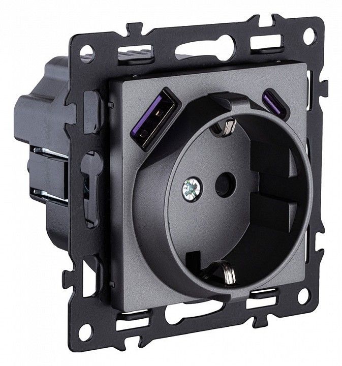 Розетка с заземлением и со шторкой и 2хUSB type A и C, без рамки Kollinger Asthetik AS-016GY