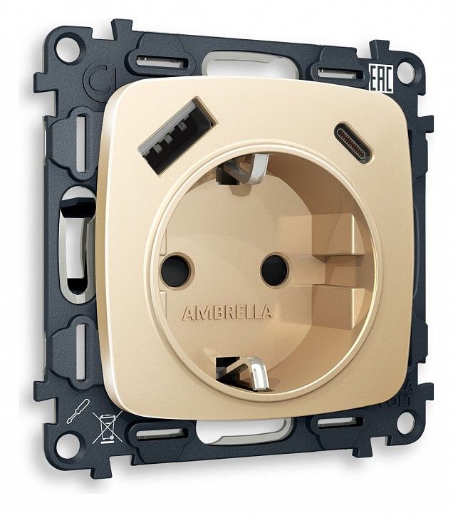 Розетка с заземлением и 2хUSB type A и C, без рамки Ambrella Volt OMEGA MO610010