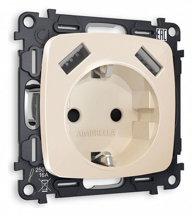 Розетка с заземлением и 2хUSB type A, без рамки Ambrella Volt OMEGA MO309010