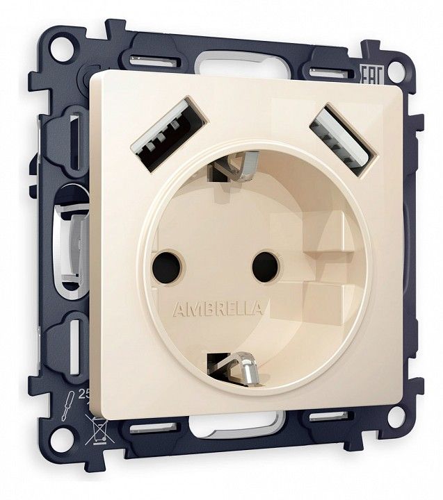 Розетка с заземлением и со шторкой и 2хUSB type A, без рамки Ambrella Volt ALFA MA309010