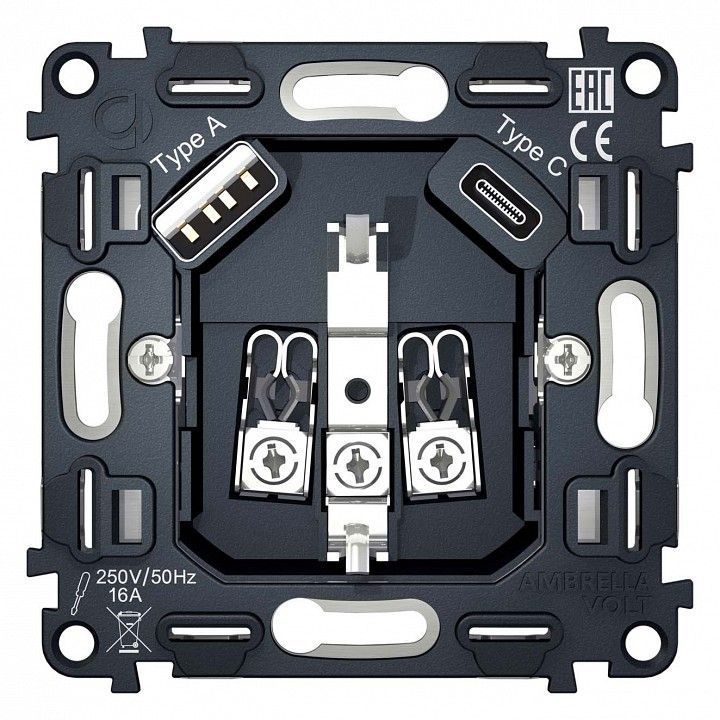 Механизм розетки с заземлением и 2хUSB type A и C Ambrella Volt QUANT VM160