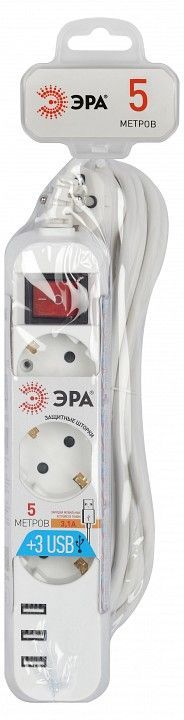 Удлинитель с выключателем Эра  U-3es-5m-USB