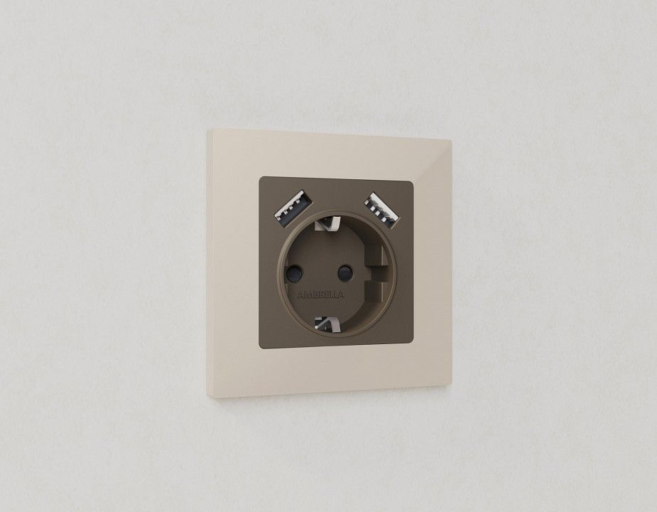 Накладка для розетки с заземлением и со шторками и 2хUSB type A Ambrella Volt ALFA AP6390