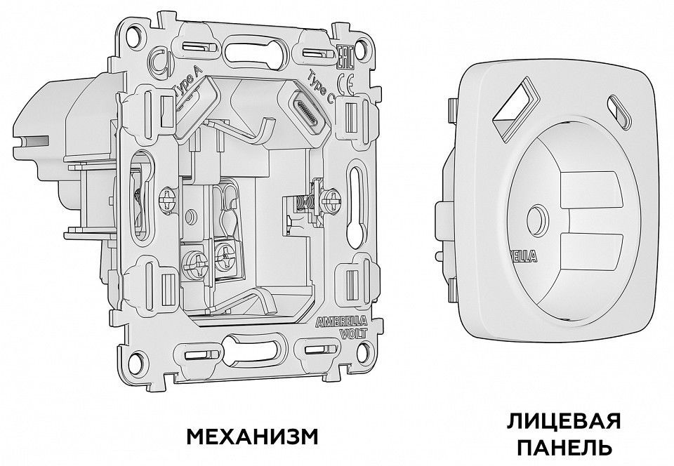 Розетка с заземлением и 2хUSB type A и C, без рамки Ambrella Volt OMEGA MO110010