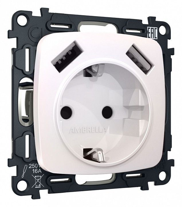 Розетка с заземлением и 2хUSB type A, без рамки Ambrella Volt OMEGA MO209010
