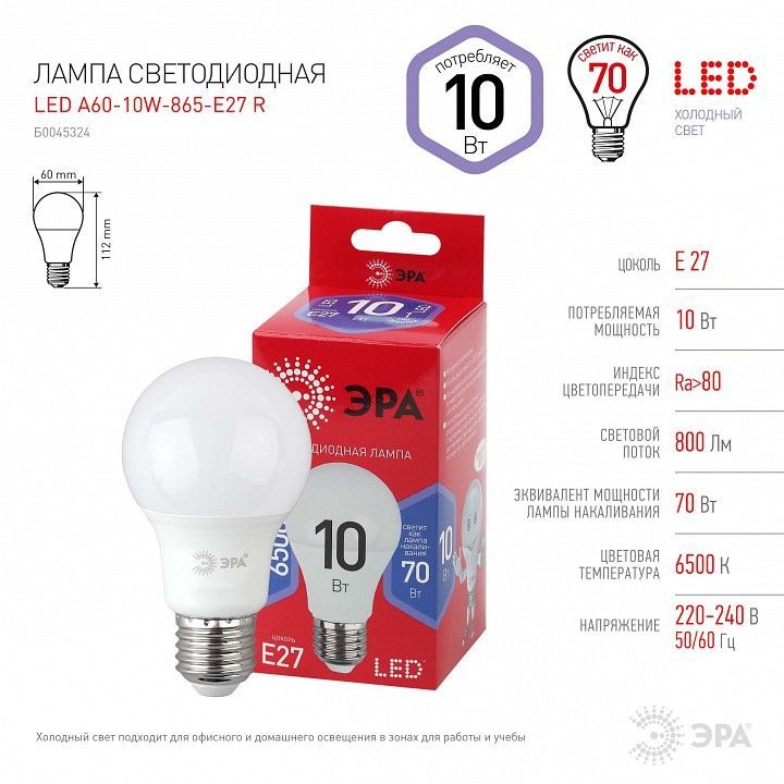 Лампа светодиодная Эра  E27 10Вт 6500K LED A60-10W-865-E27 R