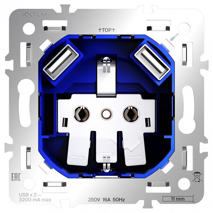 Механизм розетки с заземлением и со шторками и 2хUSB type A Voltum S70 VLS0404M