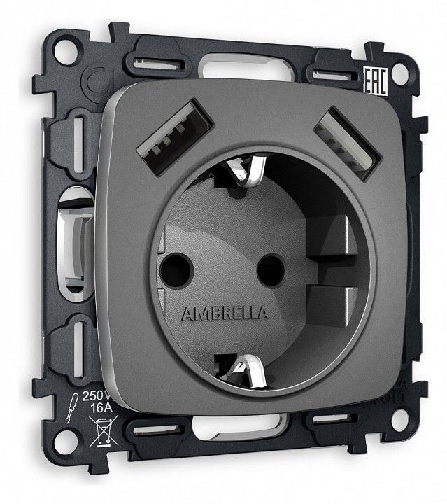 Розетка с заземлением и 2хUSB type A, без рамки Ambrella Volt OMEGA MO659010