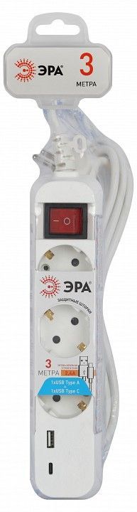 Удлинитель с выключателем Эра  UB-3es-3m-USB