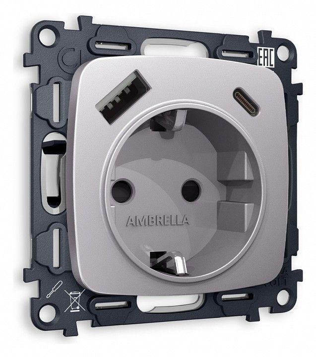 Розетка с заземлением и 2хUSB type A и C, без рамки Ambrella Volt OMEGA MO510010