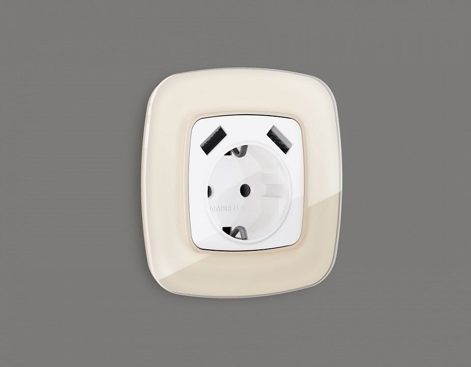Накладка для розетки с заземлением и со шторками и 2хUSB type A Ambrella Volt OMEGA OP1090