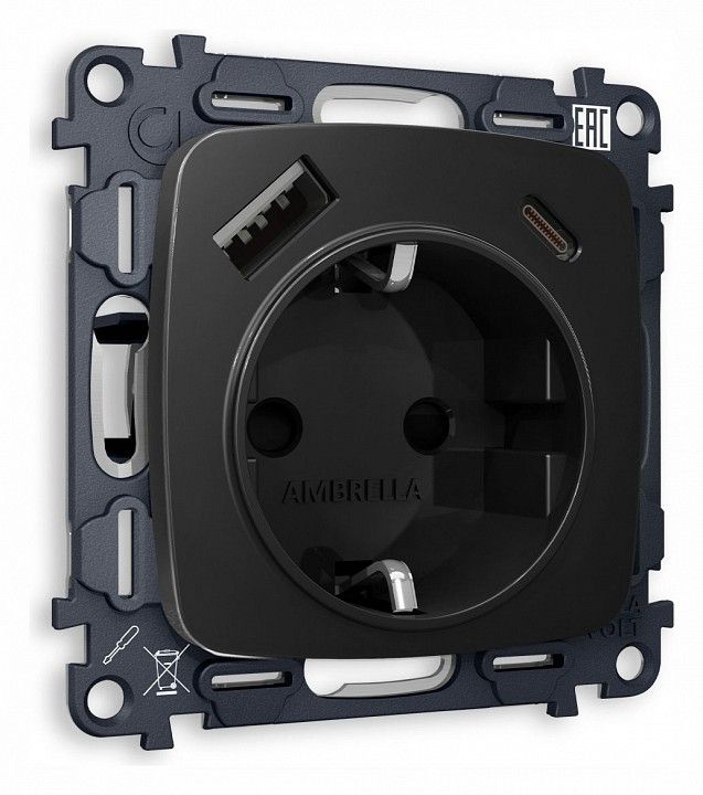 Розетка с заземлением и 2хUSB type A и C, без рамки Ambrella Volt OMEGA MO810010