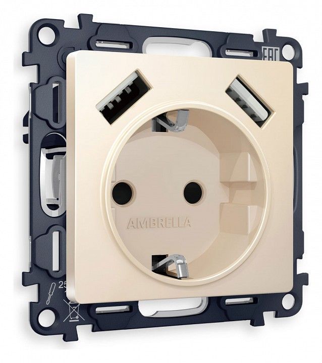 Розетка с заземлением и со шторкой и 2хUSB type A, без рамки Ambrella Volt ALFA MA329010