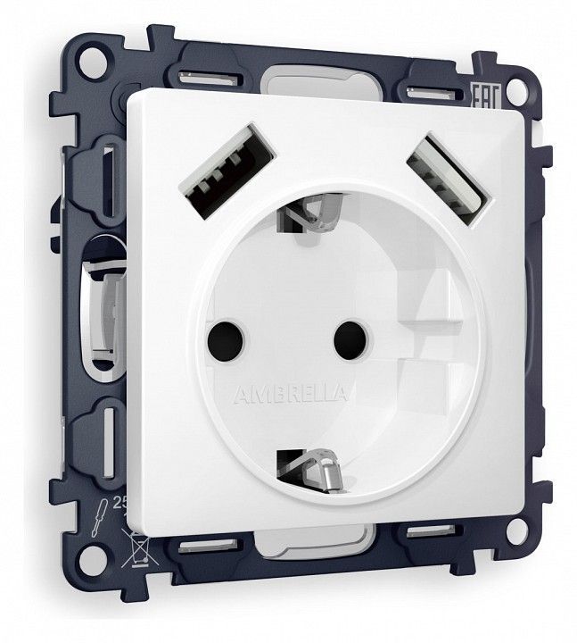 Розетка с заземлением и со шторкой и 2хUSB type A, без рамки Ambrella Volt ALFA MA109010