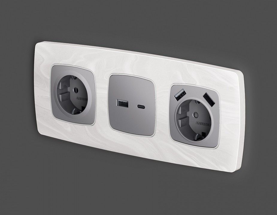 Накладка для розетки с заземлением и со шторками и 2хUSB type A Ambrella Volt OMEGA OP5090