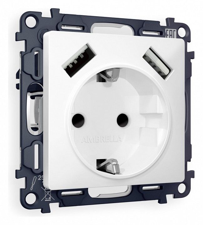 Розетка с заземлением и со шторкой и 2хUSB type A, без рамки Ambrella Volt ALFA MA129010