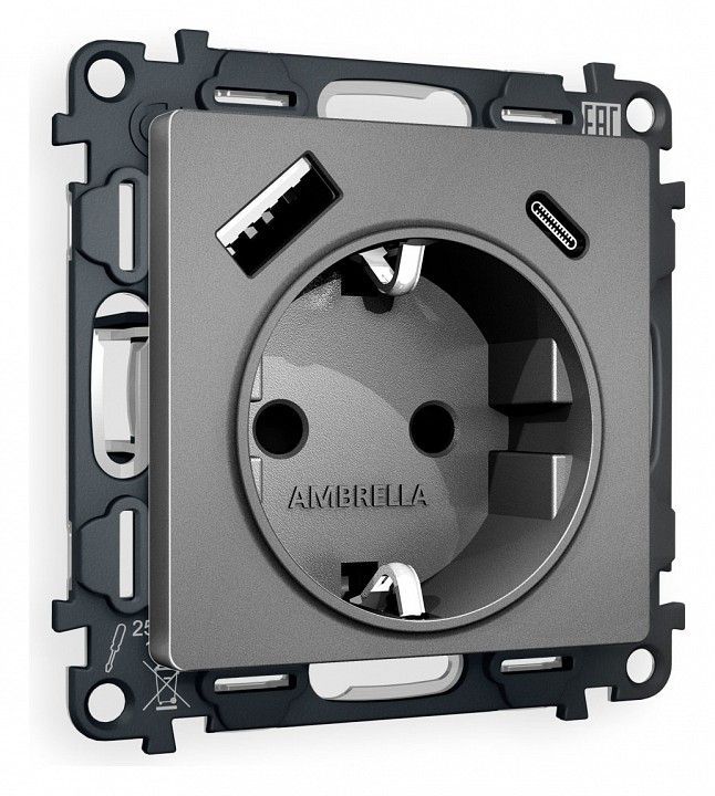 Розетка с заземлением и 2хUSB type A и C, без рамки Ambrella Volt ALFA MA660010