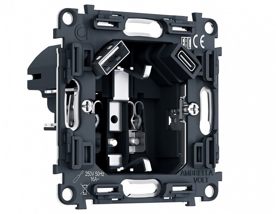 Механизм розетки с заземлением и 2хUSB type A и C Ambrella Volt VM PR160
