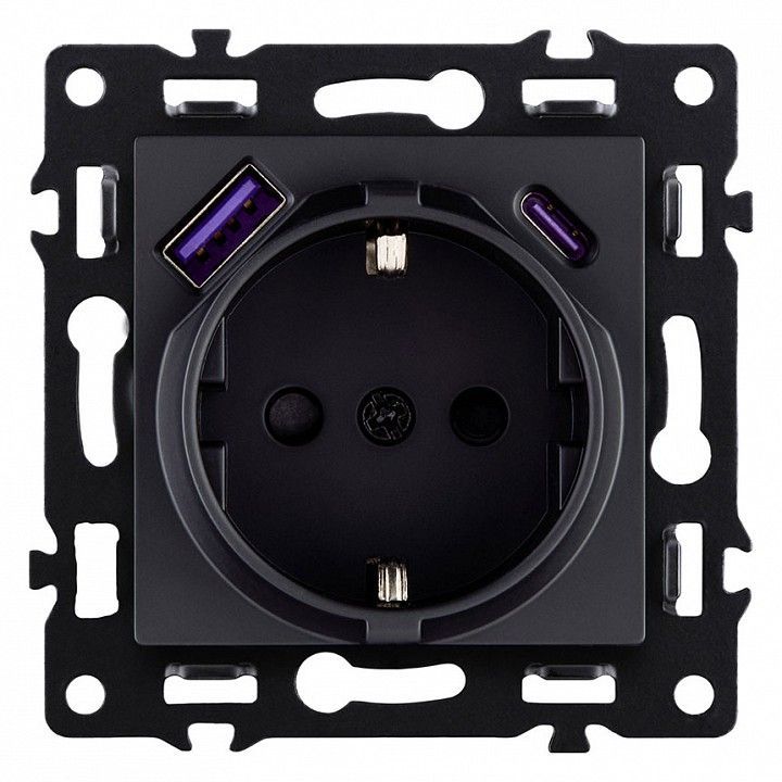 Розетка с заземлением и со шторкой и 2хUSB type A и C, без рамки Kollinger Asthetik AS-016BK