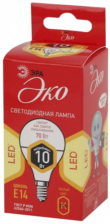 Лампа светодиодная Эра  E14 10Вт 2700K ECO LED P45-10W-827-E14 R