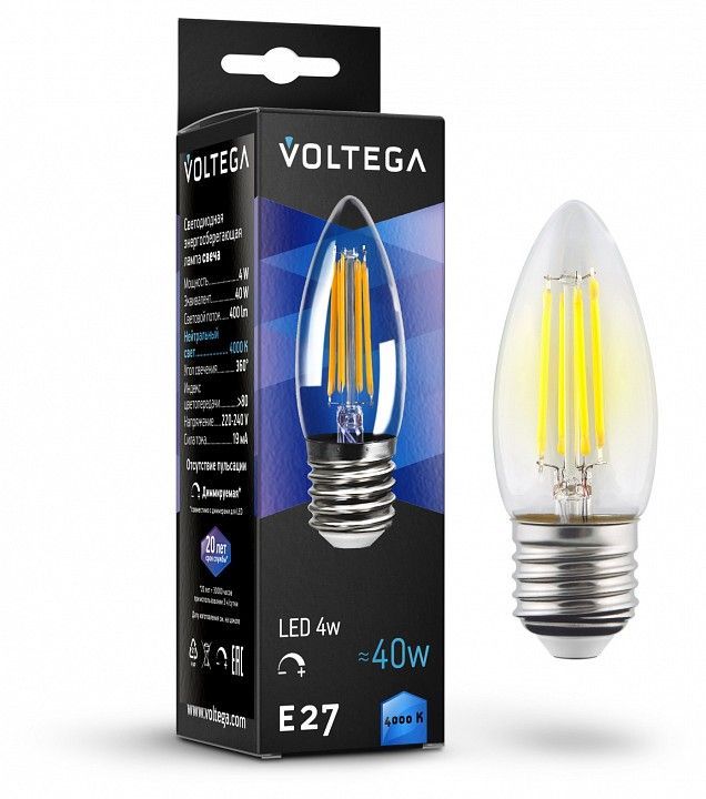 Лампа светодиодная Voltega свеча диммируемая (Candle dim) 5Вт E27 5Вт 4000K 8463