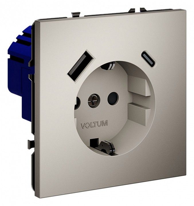 Розетка с заземлением и со шторкой и 2хUSB type A и C, без рамки Voltum S70 VLS040503