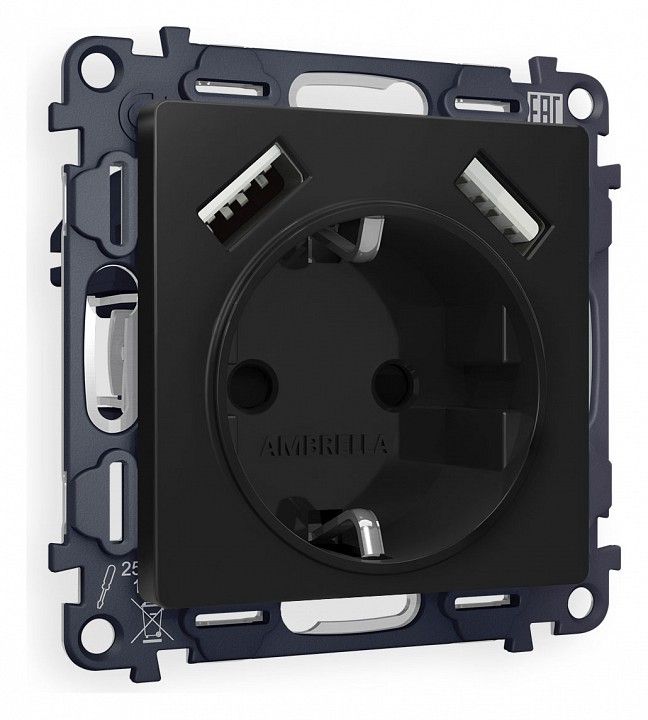 Розетка с заземлением и со шторкой и 2хUSB type A, без рамки Ambrella Volt ALFA MA809010
