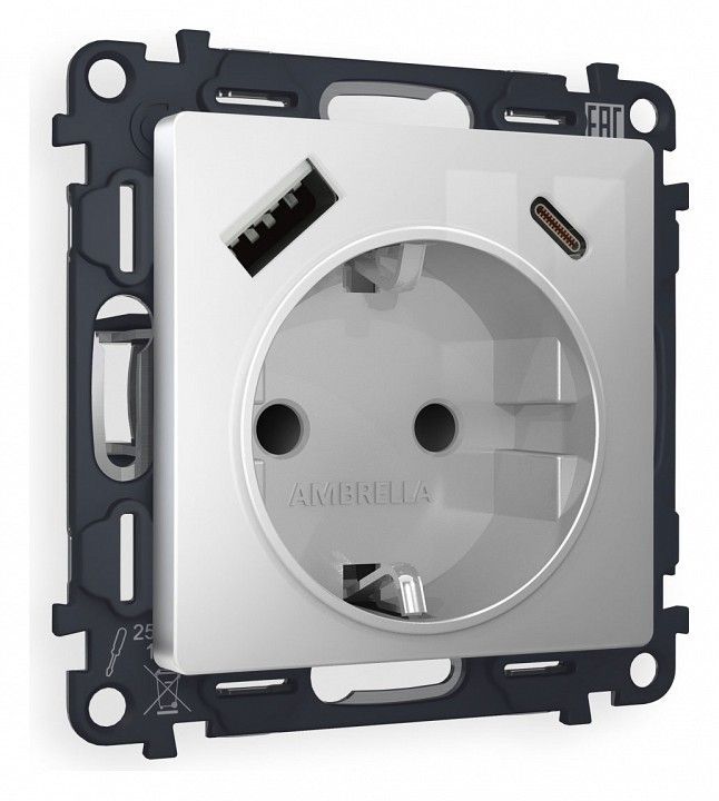 Розетка с заземлением и 2хUSB type A и C, без рамки Ambrella Volt ALFA MA410010