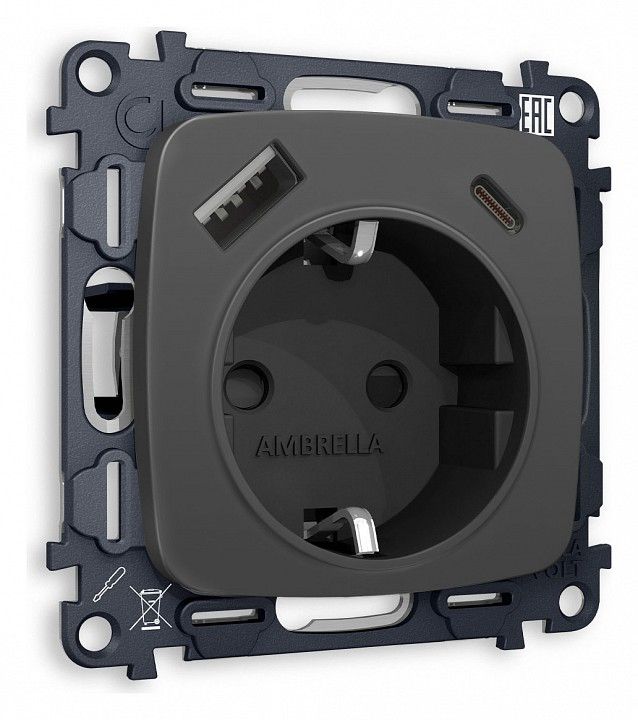 Розетка с заземлением и 2хUSB type A и C, без рамки Ambrella Volt OMEGA MO910010