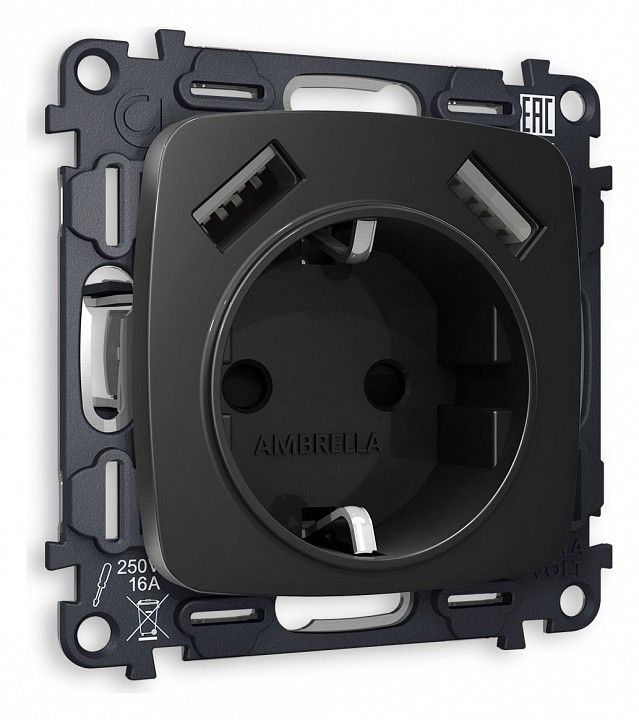 Розетка с заземлением и 2хUSB type A, без рамки Ambrella Volt OMEGA MO809010