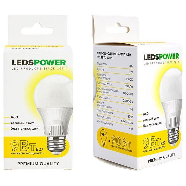 Лампа светодиодная LEDS POWER A60 E27 9Вт 3000K 006581