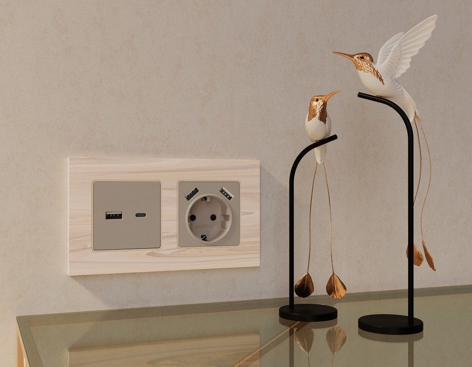 Накладка для розетки с заземлением и со шторками и 2хUSB type A Ambrella Volt ALFA AP3690