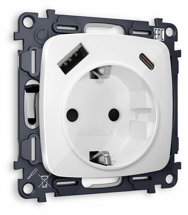 Розетка с заземлением и 2хUSB type A и C, без рамки Ambrella Volt OMEGA MO110010