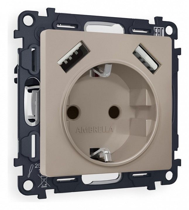 Розетка с заземлением и со шторкой и 2хUSB type A, без рамки Ambrella Volt ALFA MA369010