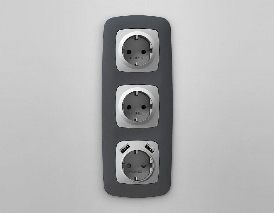 Накладка для розетки с заземлением и со шторками и 2хUSB type A Ambrella Volt OMEGA OP4090