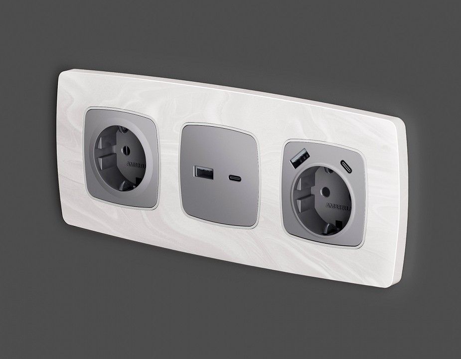 Накладка для розетки с заземлением и со шторками и 2хUSB type A и C Ambrella Volt OMEGA OP5100