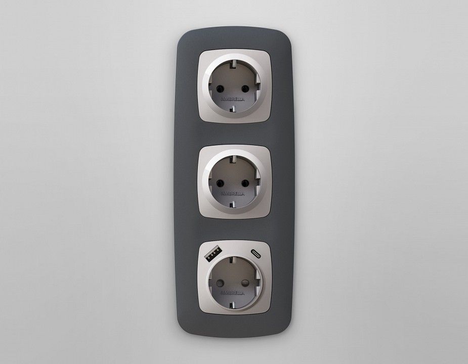 Накладка для розетки с заземлением и со шторками и 2хUSB type A и C Ambrella Volt OMEGA OP4100