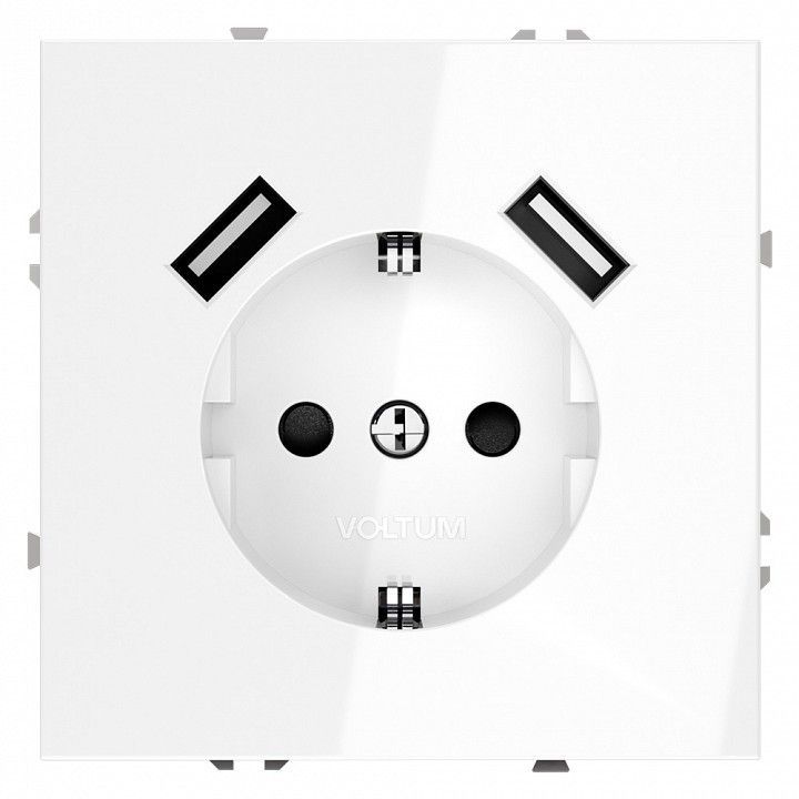 Розетка с заземлением и со шторкой и 2хUSB type A, без рамки Voltum S70 VLS040401