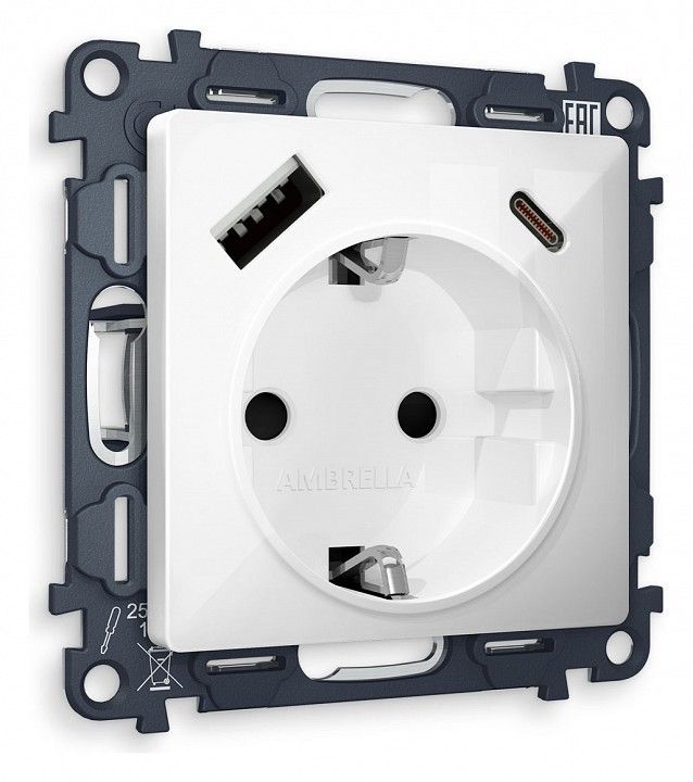 Розетка с заземлением и 2хUSB type A и C, без рамки Ambrella Volt ALFA MA110010